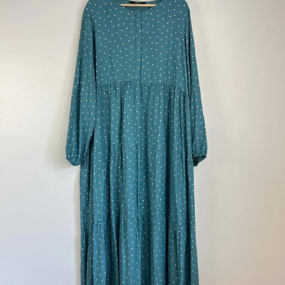 LC Waikiki Size 46 Maternity Teal Green Blue White Polka Dot Maxi Dress Tiered